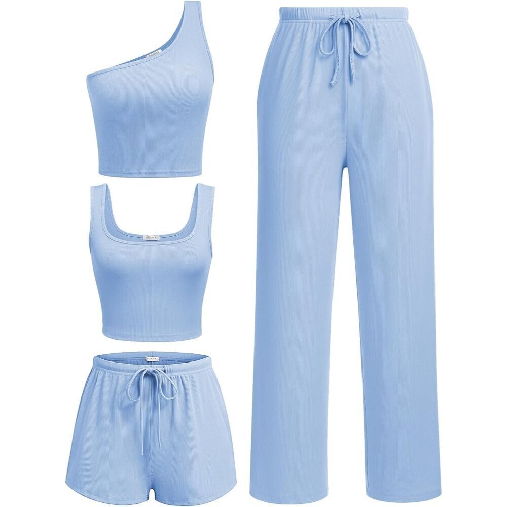 Women's 4 Piece Lounge Set Ribbed Knit Crop Top Shorts Pants Casual Wear